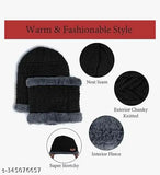 Black unisex wool beanie cap with faux fur inner & neck muffler, winter combo set - warm & stylish accessory for cold weather