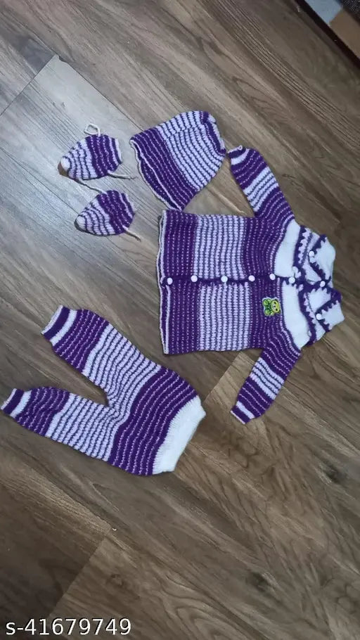 Purple acrylic striped sweater for girls, 0-6 months, India origin