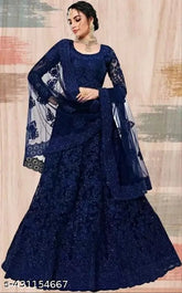 Fashionable embroidered net lehenga-choli set with unstitched 42" waist, 44" length, and 12" dupatta from India