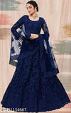 Fashionable embroidered net lehenga-choli set with unstitched 42" waist, 44" length, and 12" dupatta from India