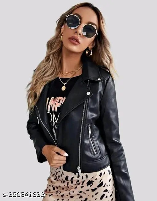 Black faux leather women's jacket by AREEBA FASHION, premium quality and long sleeves