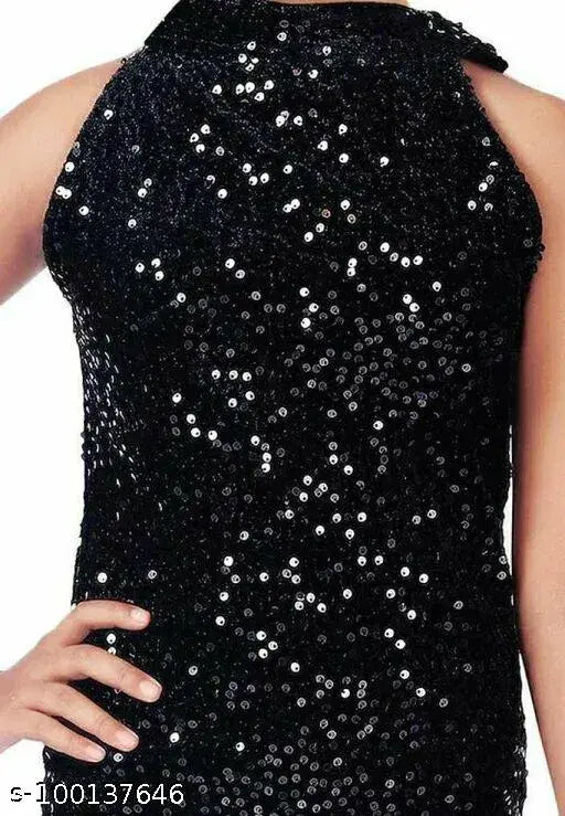 Embroidered net nylon sleeveless black dress for kids aged 6-15 years, size varies by age and bust measurements (e.g., 6-7 years: Bust 26in, Length 24in) - PAMMI 7 STAR India origin