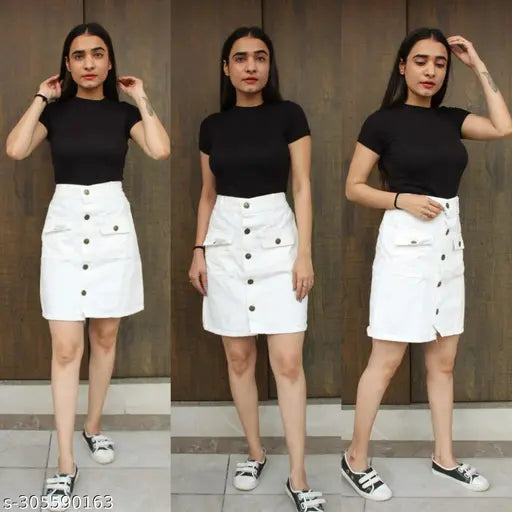 White denim western skirt for women, unique and elegant design, solid pattern, size 26, 28, or 30