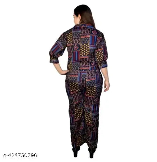 Rayon three-quarter sleeve printed crop shirt and wide-leg pants jumpsuit for women, India origin