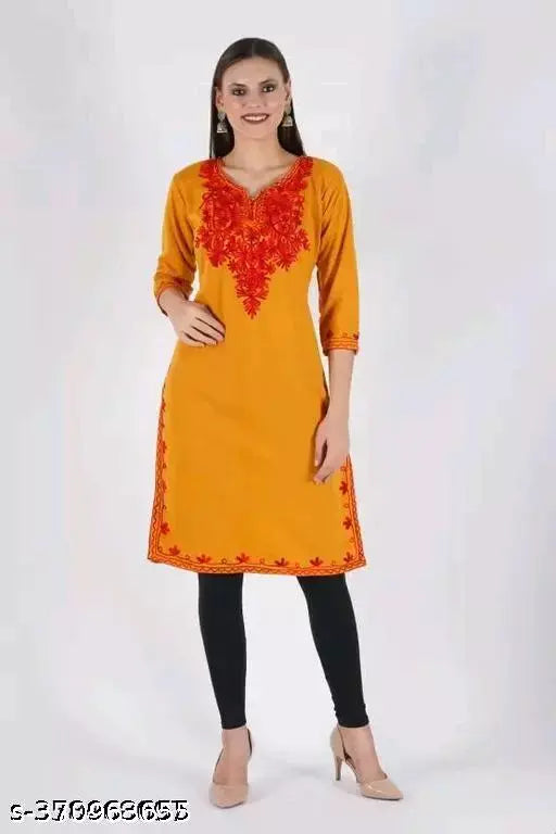 Red woolen embroidered work kurti, three-quarter sleeves. Handcrafted Indian women's fashion