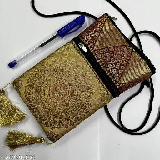 Handmade fabric mobile and coin bags, embellished net design for accessories storage, Indian Banarasi craftsmanship