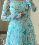 Georgette Aruna print gown, long sleeves, vibrant floral design, Indian-made celebration dress