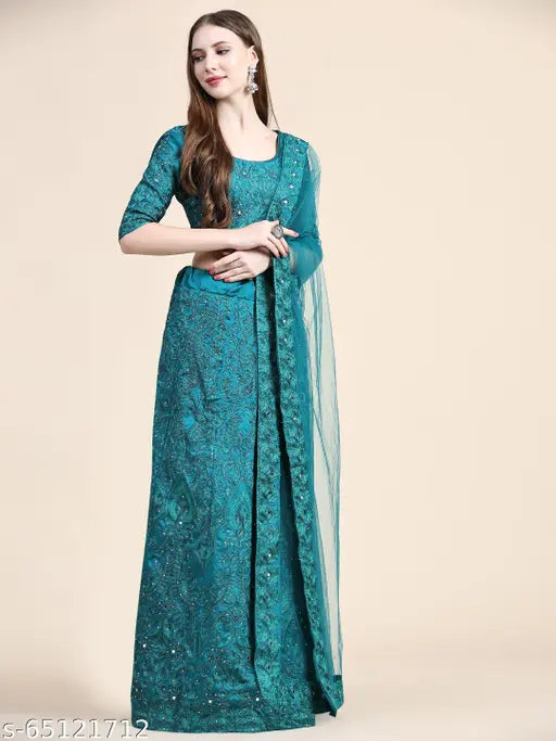 Embroidered Taffeta Silk Lehenga Choli & Dupatta Set - Indian embroidered lehenga, choli, and dupatta for women's special occasions