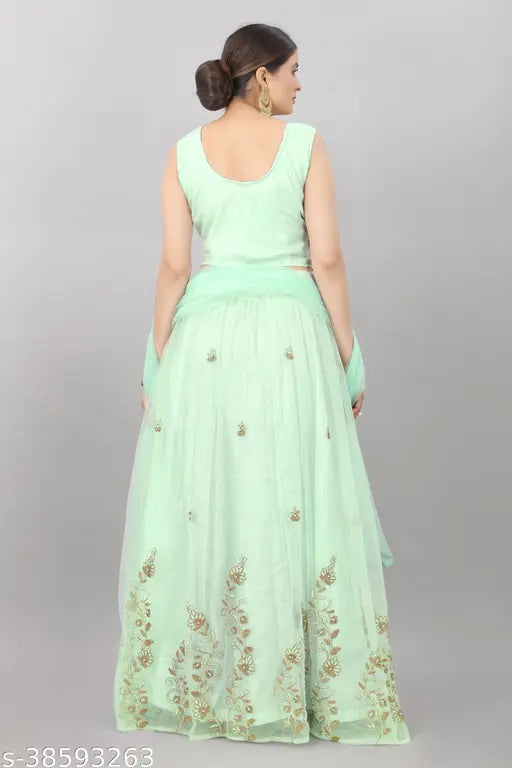 Light green embroidered net Lehenga top and dupatta set by Jivika, semi-stitched (41in/42in waist, 2.2in dupatta length), Indian angel motif work