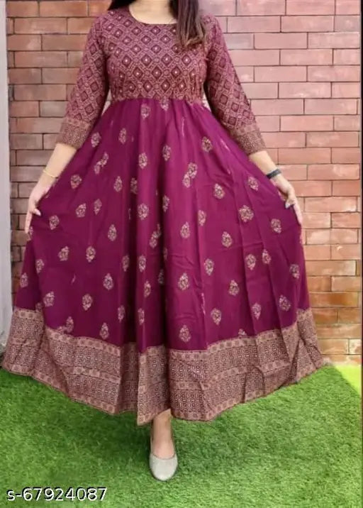Gold-printed rayon Anarkali kurta, three-quarter sleeves, Indian fashion trend