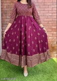 Gold-printed rayon Anarkali kurta, three-quarter sleeves, Indian fashion trend