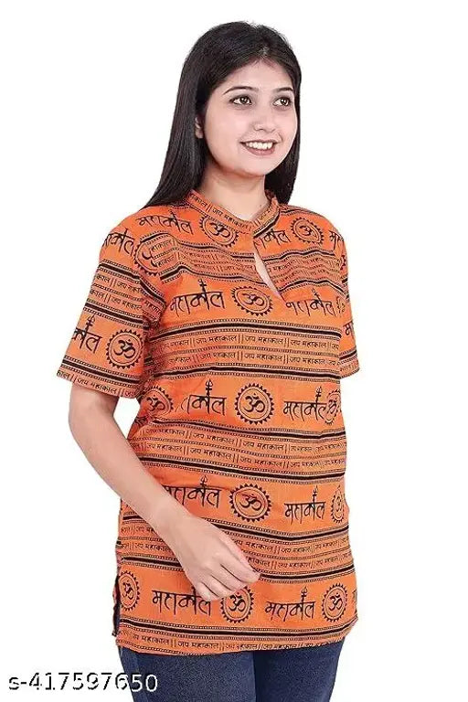 Orange SANSKAARI Mahakaal printed cotton t-shirts, eye-catching design for men & women. Comfortable polyester fabric, made in India
