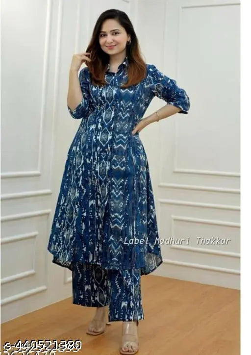 Dull blue print rayon kurta with palazzos - three-quarter sleeves, vibrant Indian attire for plus sizes (M-XXXXL)