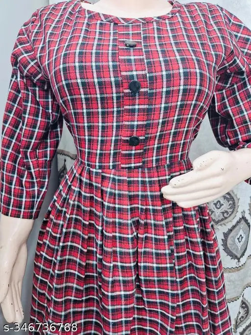 Maroon woolen check kurti for winter, 3/4 sleeves, casual and formal wear