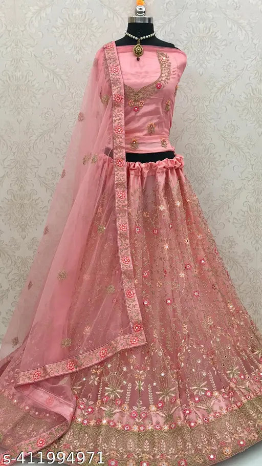 Embroidered net lehenga choli and dupatta set, free size, Indian craftsmanship