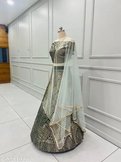 Banarasi silk lehenga choli with intricate zari, lace, and net details, semi-stitched (waist 38in, length 41in), India origin