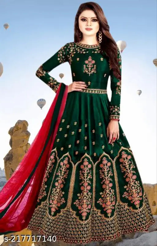 Green taffeta silk, long-sleeved women's embroidered gown (free size, bust 44in, length 44in), India origin