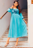 Embroidered rayon blue blouse with three-quarter sleeves, Indian design for women's S to 5XL sizes on clothing rack