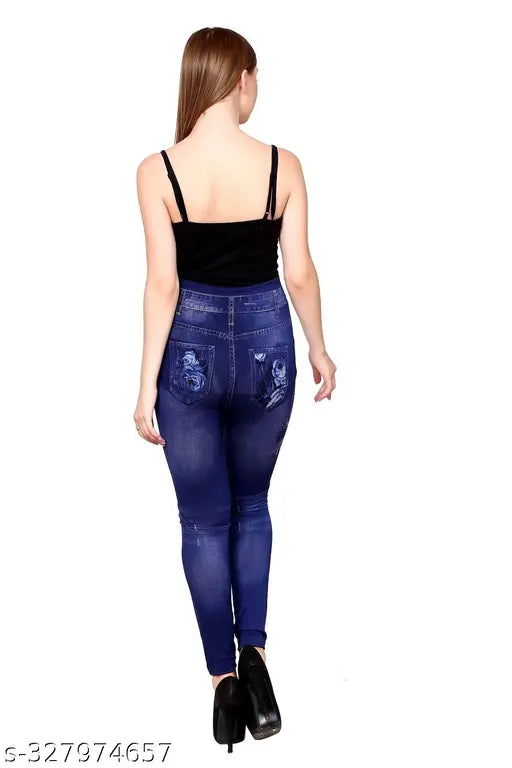 Blue printed denim jegging for women and girls by Vinayfab, made with 4-way stretch cotton poly blend. No real pockets or embroidery, but offers a comfortable fit from toes to waist. Available in sizes 28, 30, 32, M, L, XL. Origin: India