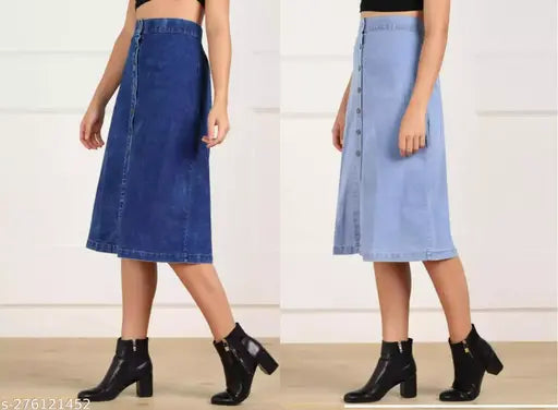 Versatile women's A-Line denim skirts, combo detailing - set of two, one light and one dark, denim, sizes 28-40