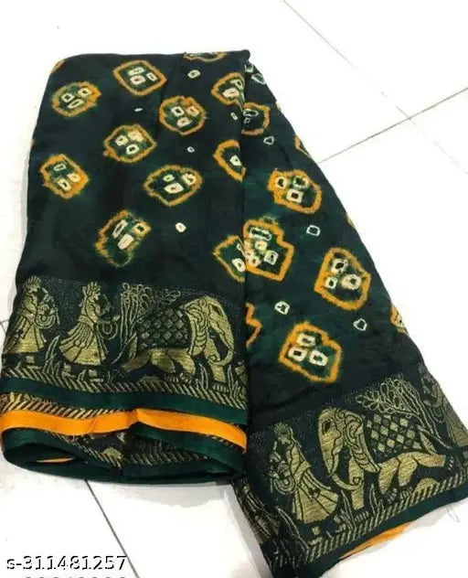 Hand-crafted Anant New Bandhani Green y B Art Silk Saree with Banarsi border and hand-bandhej blouse, free size (5.5m saree length, 0.8m blouse length) - original product from India