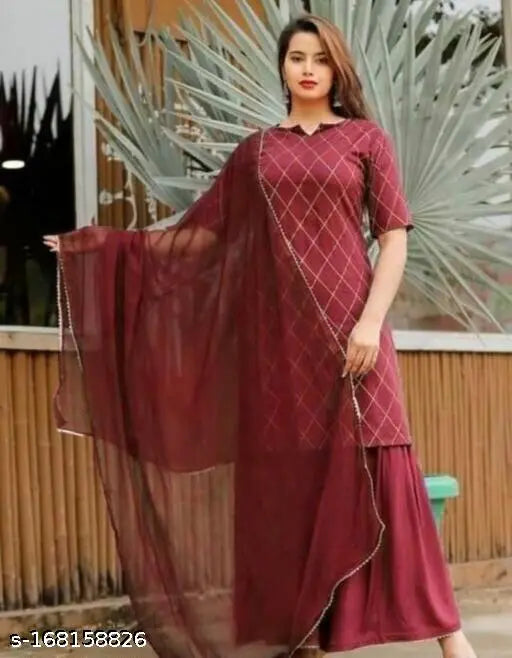 MS sharara kurta & dupatta set - embroidered, three-quarter sleeves, Indian traditional attire for women. M size (bust 38in), L size (bust 40in)