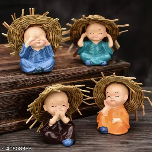 Polyresin monk Buddha idols set of 4, Indian handcrafted automobile showpiece for home and car decor