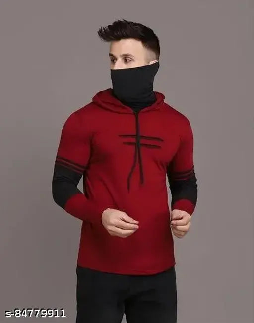 Maroon cotton blend men's pullover hoodie with built-in mask, solid color and long sleeves - India
