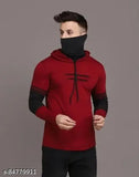 Maroon cotton blend men's pullover hoodie with built-in mask, solid color and long sleeves - India