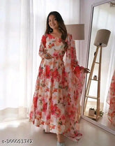 Georgette printed combo, fashionable three-quarter sleeve kurti for women, Banita style from India