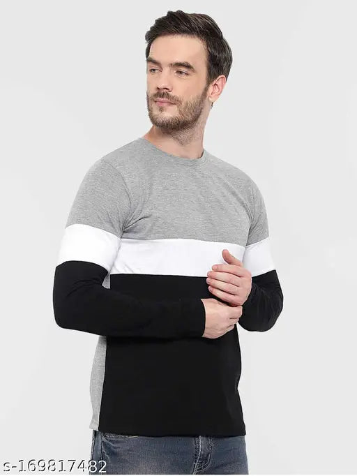 Striped cotton full-sleeve color block t-shirt for men - VOSIMO, available in various sizes from S to XXL
