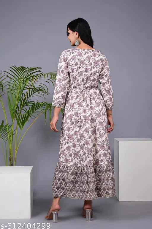 Rayon embroidered Anarkali kurti with three-quarter sleeves, printed combo. Womens size M-XXXL for party wear or trending gown. Embroidery detail adds elegance. Made in India