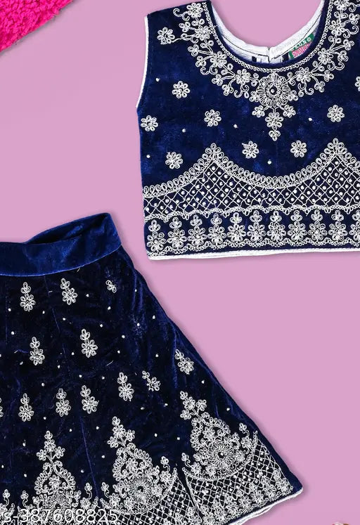 Embroidered velvet lehenga for kids, vibrant velvet outfit with intricate embroidery details, 1-2 years size