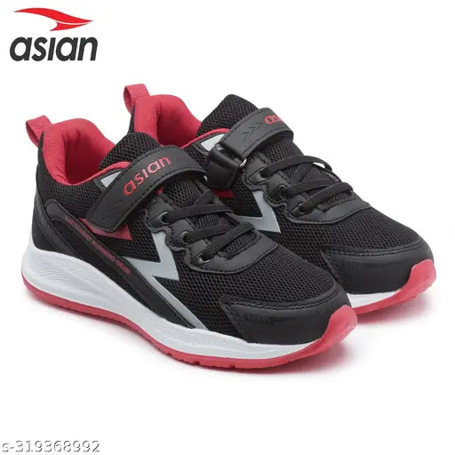 Asian VAYU09cBLKRED kids running shoe in mesh and EVA material, padded insole for comfort. Velcro fastening suitable for boys aged 8-9 or 9-10 years old. Solid net pattern design. Made in India
