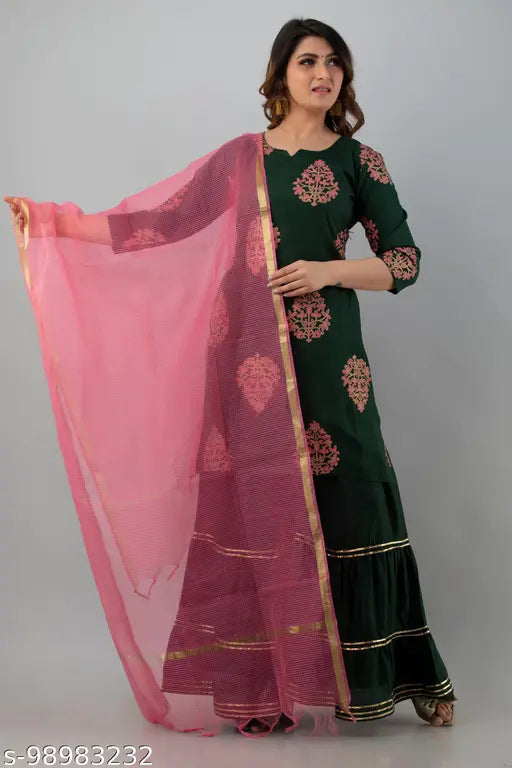 Rayon Anushka Sharara Dupatta set with three-quarter sleeves, printed pattern, lace work and super net dupatta