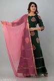 Rayon Anushka Sharara Dupatta set with three-quarter sleeves, printed pattern, lace work and super net dupatta