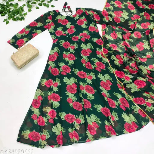 Georgette floral gown with dupatta, long sleeves, printed net, ideal for everyday wear and special occasions