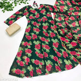 Georgette floral gown with dupatta, long sleeves, printed net, ideal for everyday wear and special occasions
