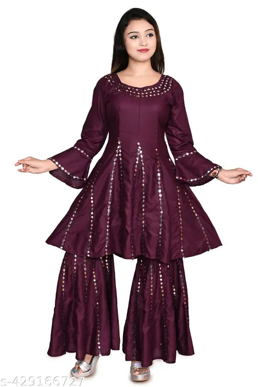 Purple rayon mirror work flared Sharara Kurta Set, trendy round neck Anarkali Kurti, festive Indian ethnic outfit for celebrations