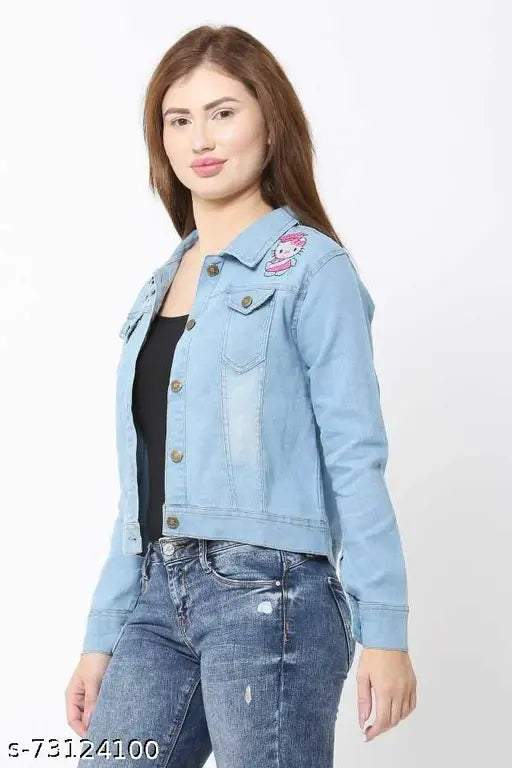Light blue denim Women's Hellow Kitty jacket, solid pattern with long sleeves, size S-XL. Made in India