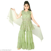 Green Georgette embroidered Salwar Suit for girls, short-sleeved, self-designed print bottom, 6-7 years size, India origin