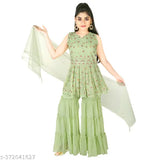Green Georgette embroidered Salwar Suit for girls, short-sleeved, self-designed print bottom, 6-7 years size, India origin
