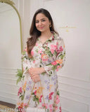 Rayon kurti set with printed net pants, three-quarter sleeves, Indian women's fashion