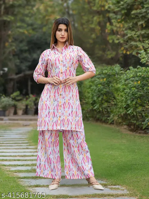 Women's round neck top & bottom sets printed cordset for women, girls - polycotton fabric, three-quarter sleeves, party wear & picnic wear