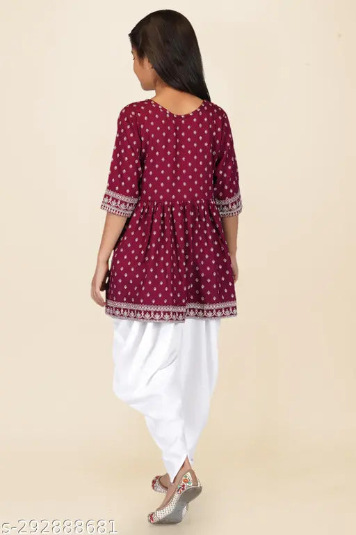 Agile Comfy Girls Rayon Kurta Suit Set: Three-Quarter sleeve printed set for girls aged 5-13 years, India origin