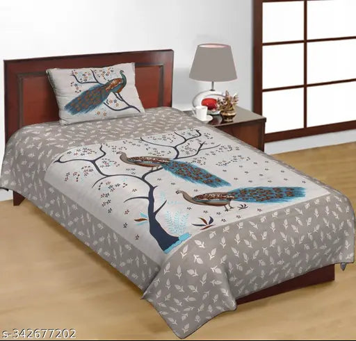 Superfine peacock-patterned cotton single bedsheet, ideal for summer, suitable for adult 4ftx6ft bed. Made in India
