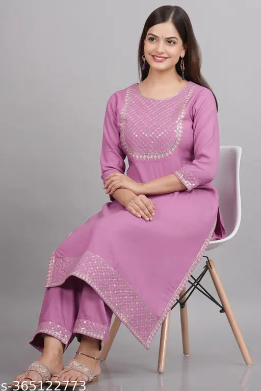 Sequin rayon kurta set for women, solid net, three-quarter sleeves, India-made embroidered traditional clothing