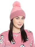 Pink wool beanie with fur pom pom, criss-cross knit pattern, women's and girls' winter accessory from Pollo Loco