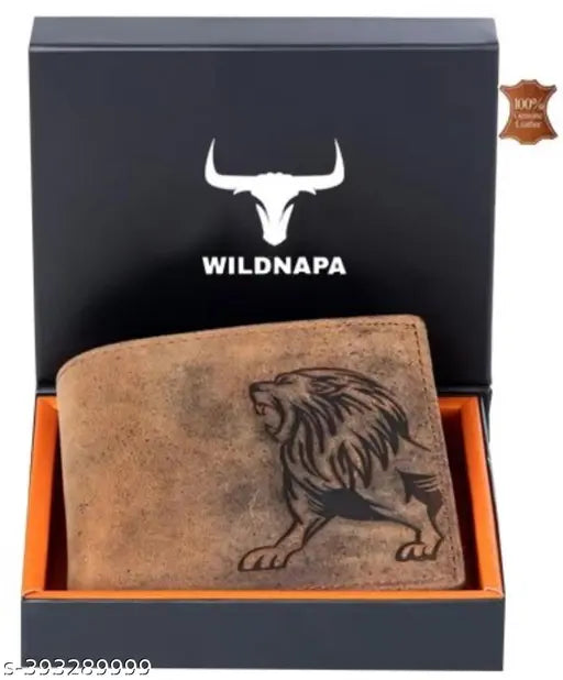 Brown genuine leather men's wallet with RFID protection, 5 compartments, free size (9cm x 12cm)