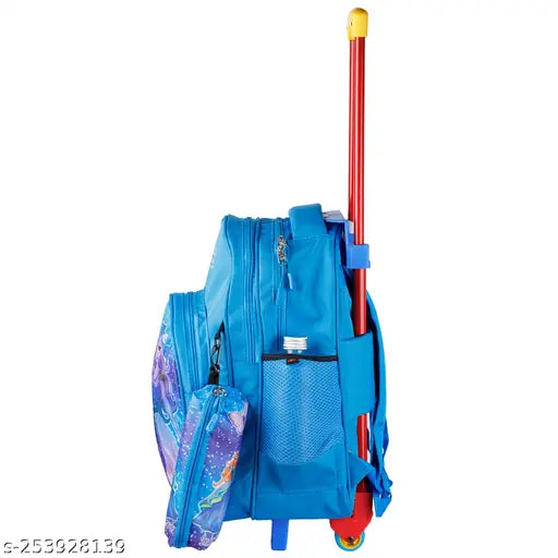 Light blue waterproof polyester trolley bag, 16 inch Indian Riders Queen school bag with 30L capacity. Durable and stylish for kids' needs